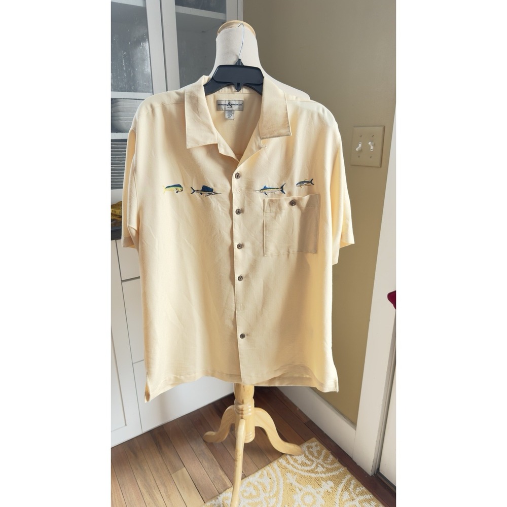 VTG Hook & Tackle Yellow Button Up Shirt Limited Edition Saltwater Fish -‎ Lg